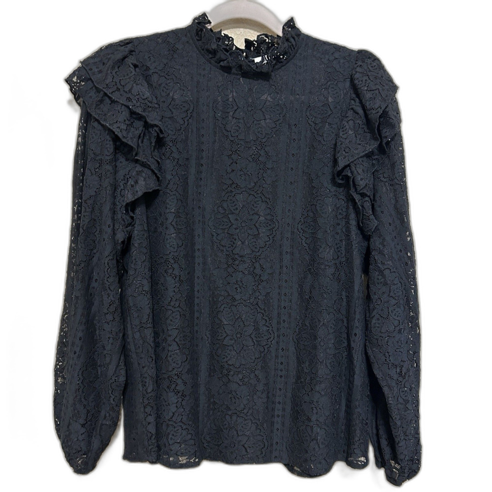 Entro Black Crochet Lace Ruffle Top Women Medium Long Sleeve Whimsigoth Romantic